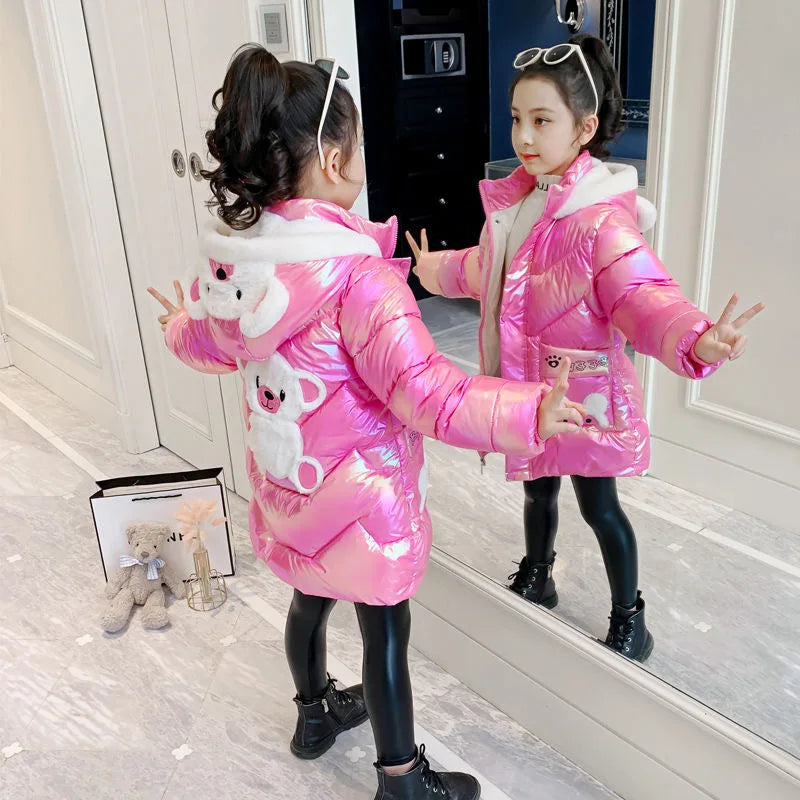 3 4 6 8 10 Years Girls Long Winter Down Jacket Cute Bear Coats