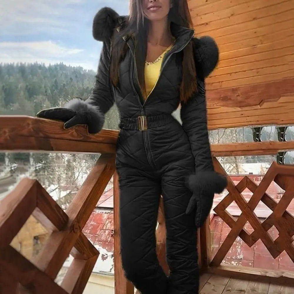 Faux Fur Collar Hooded Women Jumpsuits Winter Skiing Jumpsuit