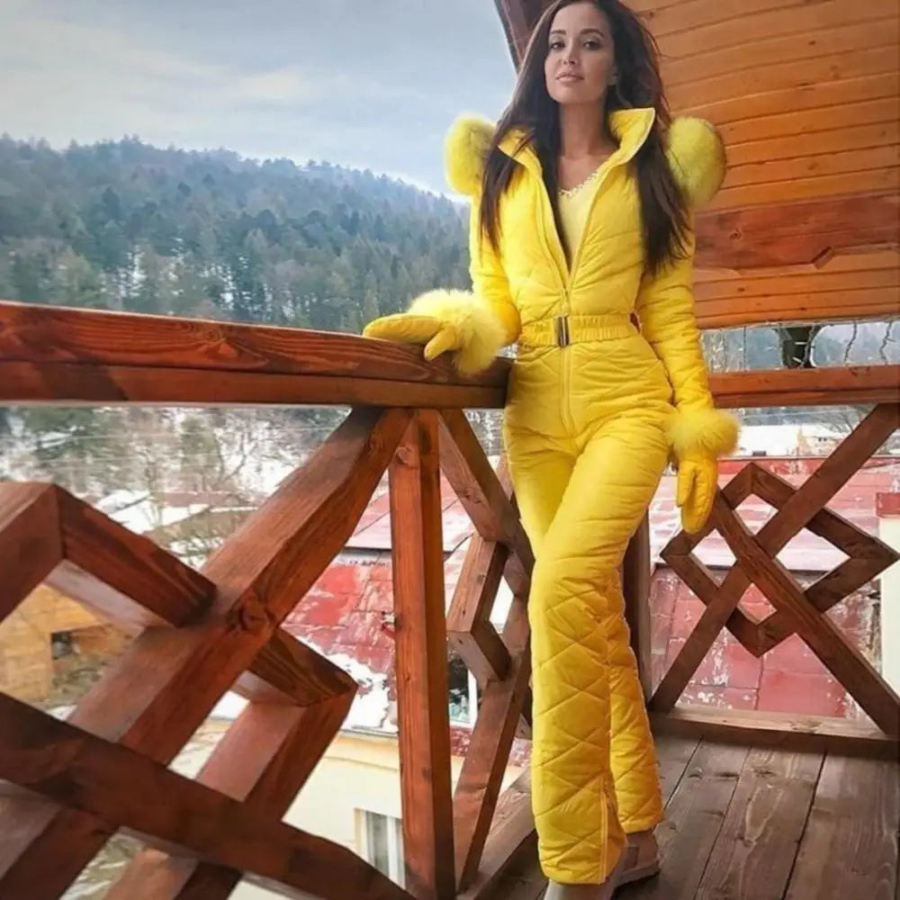 Faux Fur Collar Hooded Women Jumpsuits Winter Skiing Jumpsuit