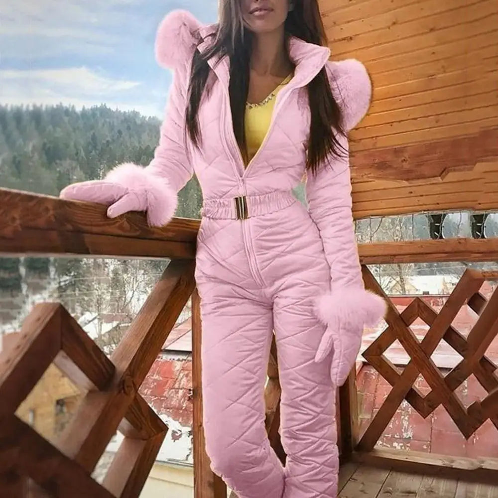 Faux Fur Collar Hooded Women Jumpsuits Winter Skiing Jumpsuit