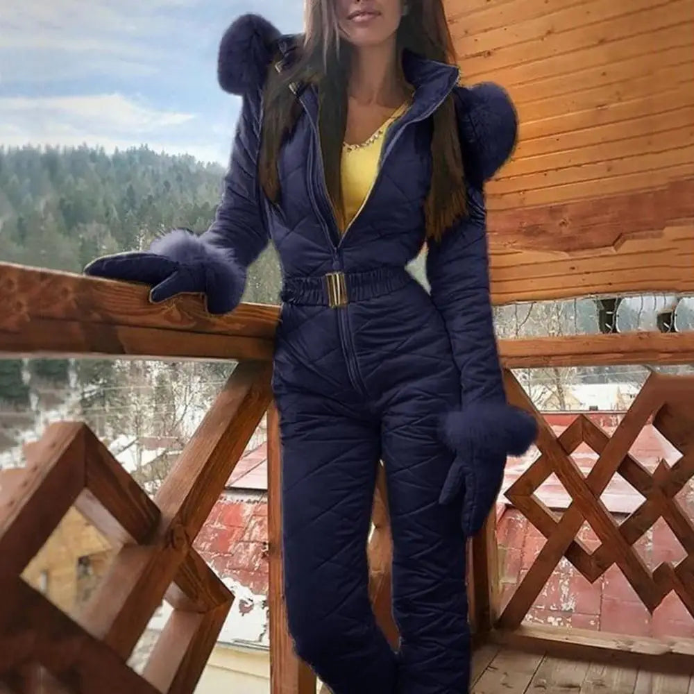 Faux Fur Collar Hooded Women Jumpsuits Winter Skiing Jumpsuit