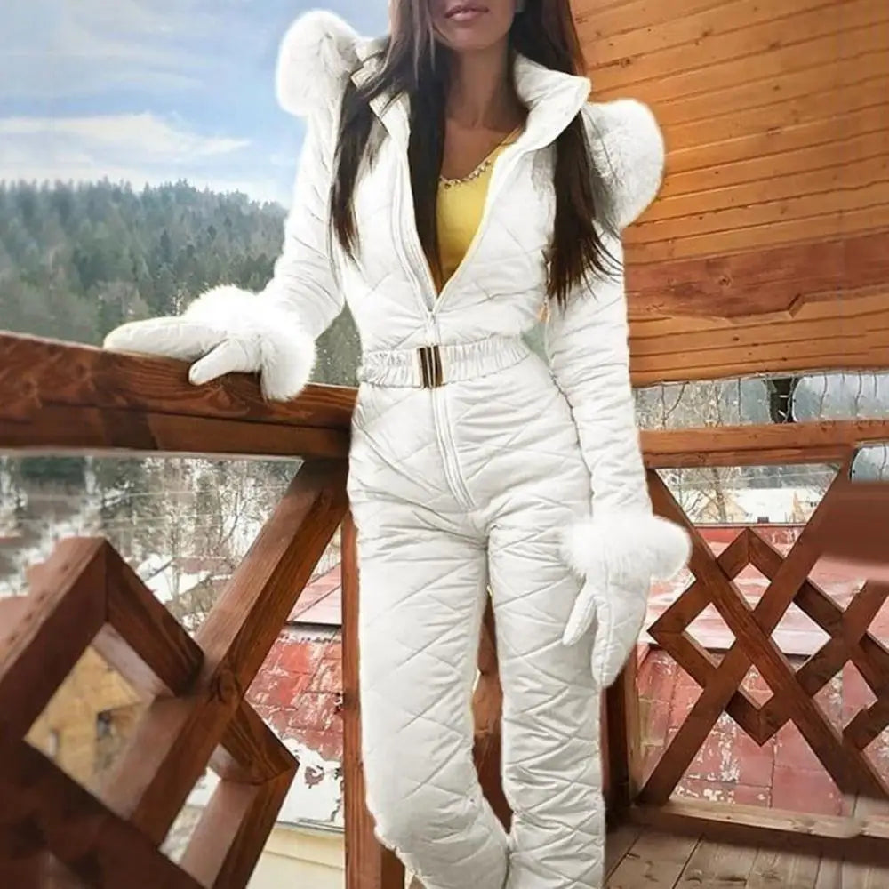 Faux Fur Collar Hooded Women Jumpsuits Winter Skiing Jumpsuit